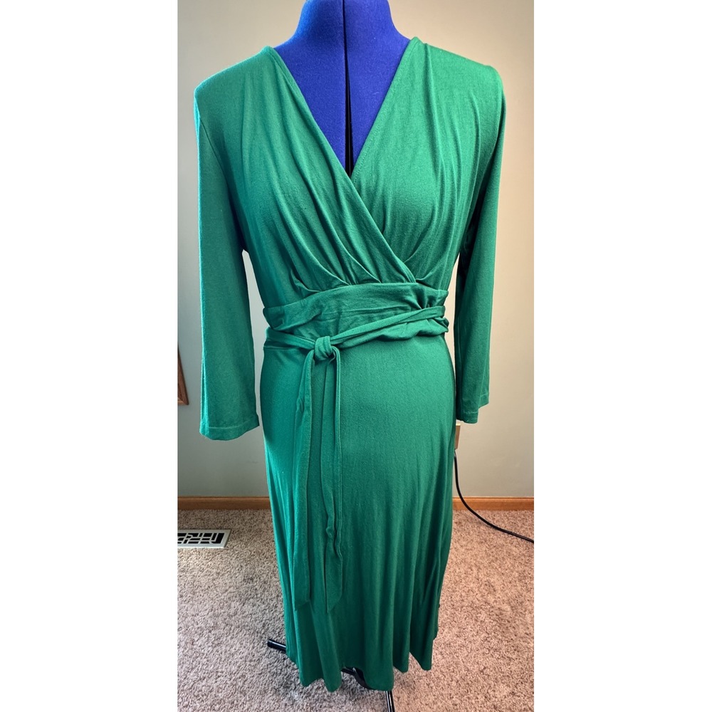 Talbots Womens Green Faux Wrap Midi Dress V-Neck Tie Waist 3/4 Sleeve Size L